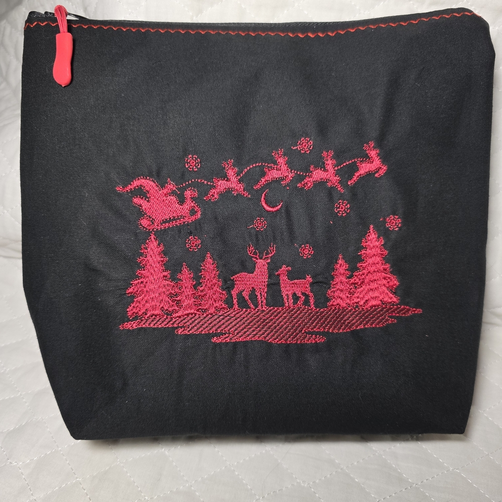 Festive Black and Red Embroidered Cosmetic Bag